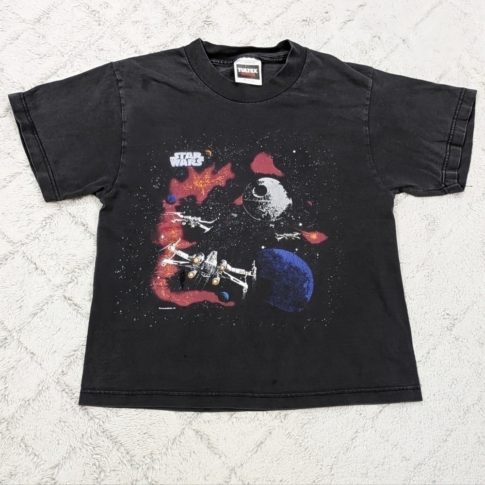 Vintage Star Wars Shirt Boys 10/12 Black X-Wing Death Star Graphic 90’s 